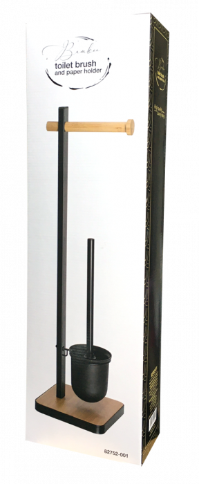 RAKI Suport metalic cu bambus pentru hartie igienica cu perie WC negru mat 21x18xh67cm [3]