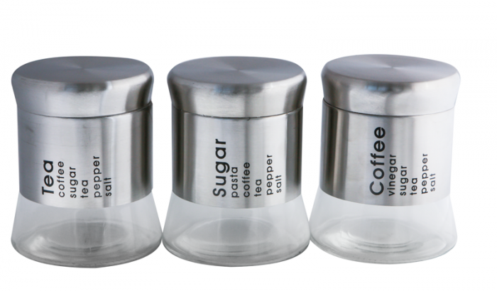 RAKI TOP Set 3 borcane pentru depozitare, 3x750ml, D11xh14,5cm, din sticla cu capace filetate, crom [1]
