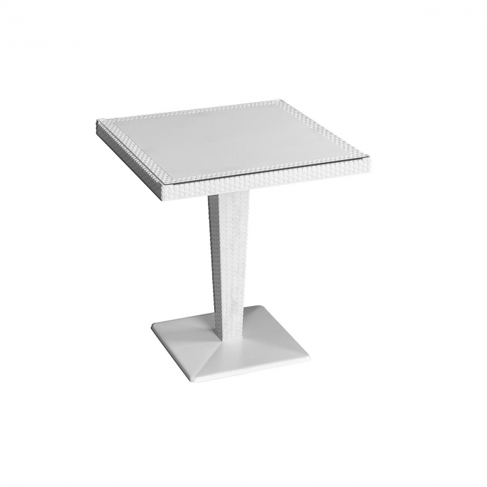 RAKI TOSCANA Masa patrata alba, 70x70xh74cm, plastic cu textura tip ratan, blat din sticla, baza metalica [1]