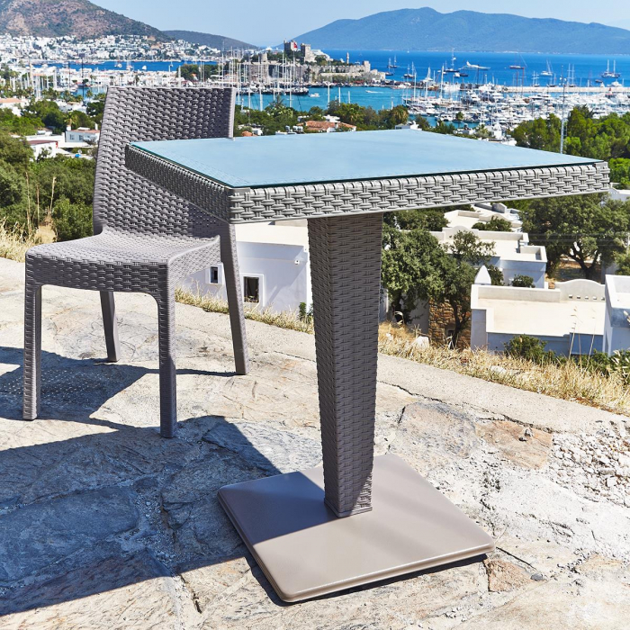 RAKI TOSCANA Masa patrata gri, 70x70xh74cm, plastic cu textura tip ratan, blat din sticla, baza metalica [2]