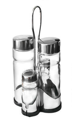 Servirea mesei - COK Oliviera cu suport inox, 2 sticle ulei si otet D4,8xh15,5cm, solnita si pipernita D3,8xh9cm