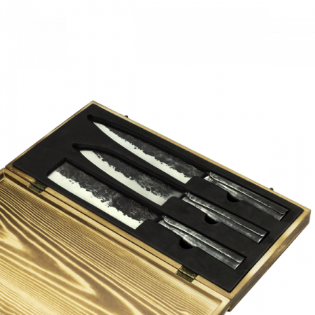 Produse - CULINARO AKIRA Set 3 cutite bucatarie in cutie lemn, maner otel, forjate manual