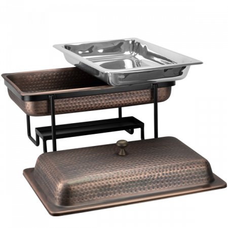 CULINARO ANTIQUE Chafing dish GN 1/1, 55x35cm, 8lt, inox texturat cu invelis cupru antichizat, suport negru [1]