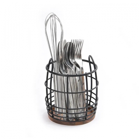 CULINARO HOME Suport tacamuri si ustensile, metal/lemn, D13,4xh15,5cm, negru mat [1]