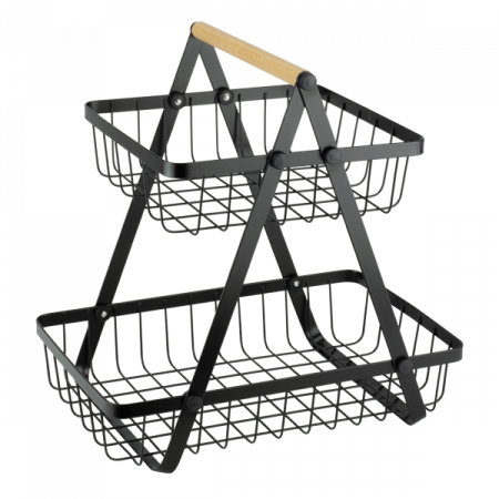 Produse - CULINARO OLD SCHOOL Fructiera cu 2 niveluri dreptunghiulara, metal cu maner lemn, neagra