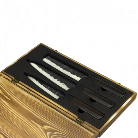 Cutite si accesorii - CULINARO SHIBUI Set 3 cutite bucatarie in cutie lemn, maner din lemn, forjate manual