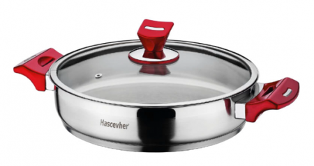 Oale si cratite inox - HASCEVHER YAPRAK Cratita inox cu capac sticla si manere rosii, inductie, 26xh6cm, 2,5l