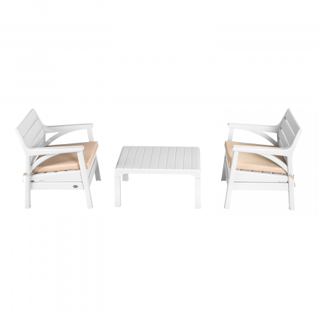 Seturi - RAKI BARCELONA Set mobila gradina, 2 fotolii si masa culoara alba, plastic, textura lemn