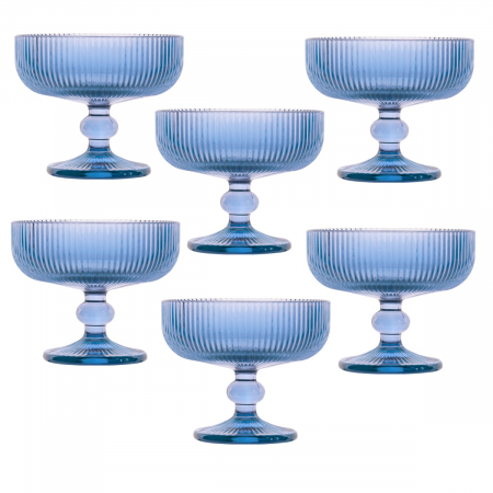 Old School - RAKI BLOOM BLUE Set 6 cupe/pahare cu picior pentru desert, 280ml, D12xh10cm, sticla, albastru/transparent