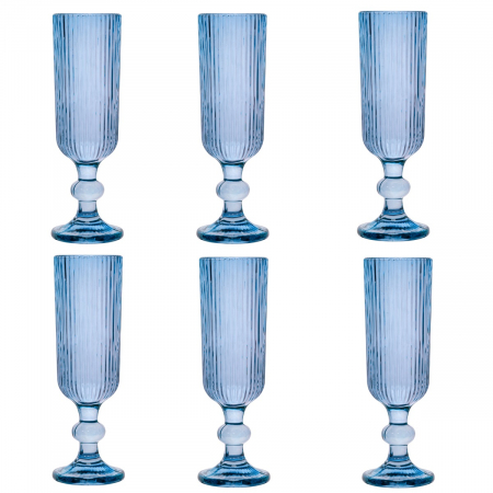 Old School - RAKI BLOOM BLUE Set 6 pahare sampanie, 150ml, D6xh18,5cm, sticla, albastru/transparent