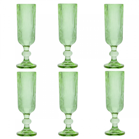 Old School - RAKI BLOOM GREEN Set 6 pahare sampanie, 150ml, D6xh18,5cm, sticla, verde/transparent