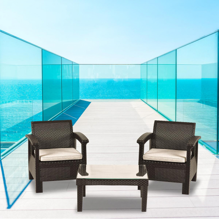 RAKI CALIFORNIA Set mobila gradina, 2 fotolii si masa culoara maro, plastic tip ratan [1]