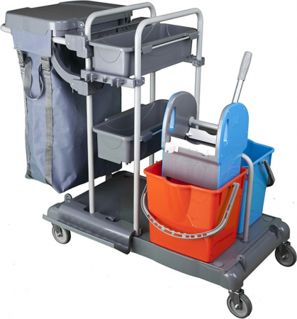 Carucioare curatenie - RAKI Carucior curatenie profesional, multifunctional, 2 galeti, storcator mop, sac gunoi, tavite