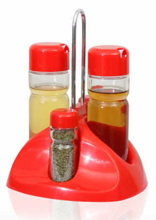Servirea mesei - RAKI COLOR LINE Oliviera 5 piese suport plastic rosu, 2 sticle ulei/otet 2x160ml, solnita si pipernita 2x35ml