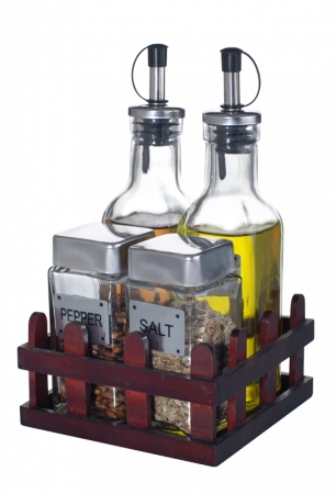 Servirea mesei - RAKI GARDUT Oliviera cu suport lemn 5 piese, 2 sticle ulei/otet 2x175ml, solnita si pipernita 2x85ml