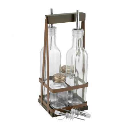 Servirea mesei - RAKI HELLA Oliviera 5 liese, sticle ulei si otet de 280ml din sticla, solnita si pipernita de 65ml din sticla, suport metal/lemn culoare bronz