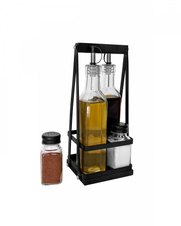Servirea mesei - RAKI HELLA Oliviera 5 liese, sticle ulei si otet de 280ml din sticla, solnita si pipernita de 65ml din sticla, suport metal/lemn negru