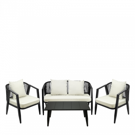 Produse - RAKI LAGOS Set mobilier gradina, canapea dubla cu perne, 2 fotolii cu perne si masa dreptunghiulara, cadru metalic, impletitura snur textil, negru