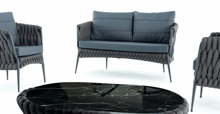 RAKI LARA Set mobila de gradina, canapea, 2 fotolii si masa, cadru metalic si impletitura textila, antracit [1]