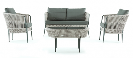 Seturi - RAKI LINE Set mobila de gradina, canapea, 2 fotolii si masa, cadru metalic si impletitura textila, gri deschis