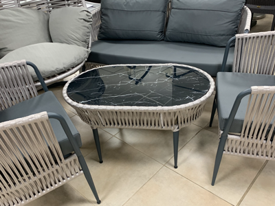 RAKI LINE Set mobila de gradina, canapea, 2 fotolii si masa, cadru metalic si impletitura textila, gri deschis [3]