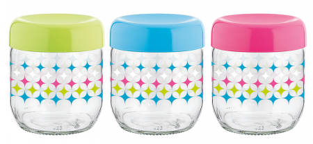 Borcane, recipiente si accesorii - RAKI LINEA Borcan sticla 425ml, capac plastic de diferite culori, cu diferite decoruri
