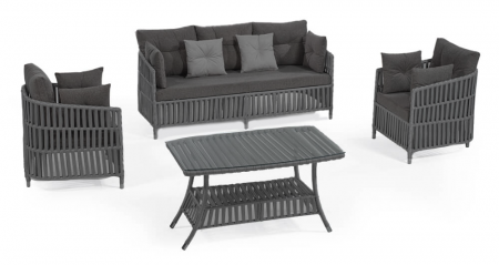 Seturi - RAKI MANILA Set mobilier gradina 4 piese, canapea, 2 fotolii si masa, cadru metalic si impletitura sfoara, antracit