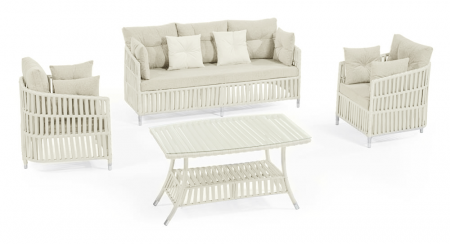 Seturi - RAKI MANILA Set mobilier gradina 4 piese, canapea, 2 fotolii si masa, cadru metalic si impletitura sfoara, crem