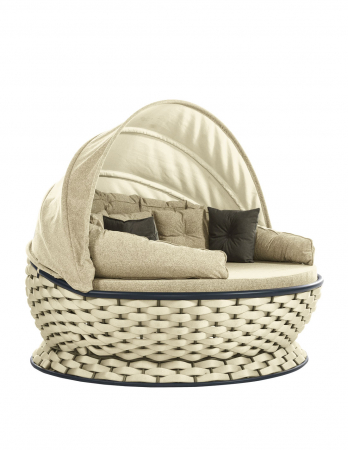Sezlonguri - RAKI MIAMI Pat de gradina cu copertina, rotund, cadru metalic si impletitura textila, D180xh80-140cm, crem