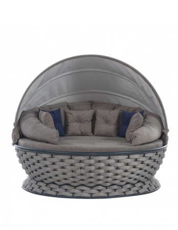 RAKI MIAMI Pat de gradina cu copertina, rotund, cadru metalic si impletitura textila, D180xh80-140cm, gri deschis [2]