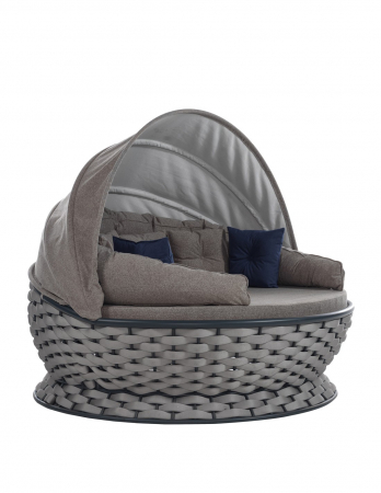 Sezlonguri - RAKI MIAMI Pat de gradina cu copertina, rotund, cadru metalic si impletitura textila, D180xh80-140cm, gri deschis