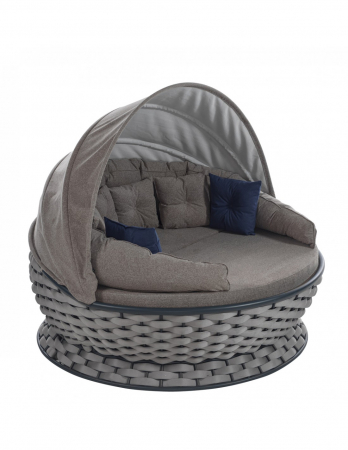 RAKI MIAMI Pat de gradina cu copertina, rotund, cadru metalic si impletitura textila, D180xh80-140cm, gri deschis [1]