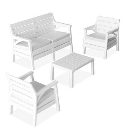 RAKI MIAMI Set gradina 4 piese, canapea dubla, 2 fotolii si masa, albe, plastic cu textura lemn [1]
