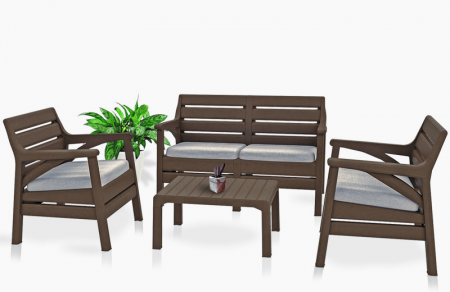 RAKI MIAMI Set gradina 4 piese, canapea dubla, 2 fotolii si masa, maro, plastic cu textura lemn [1]