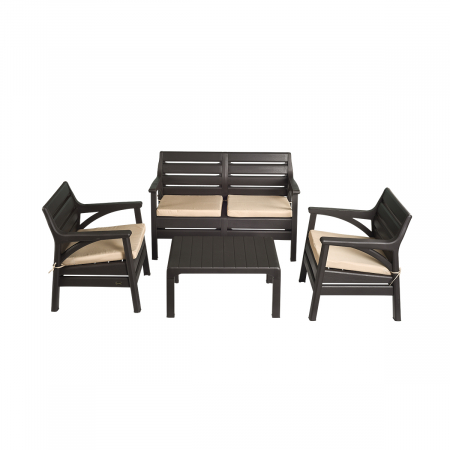 Seturi - RAKI MIAMI Set gradina 4 piese, canapea dubla, 2 fotolii si masa, maro, plastic cu textura lemn