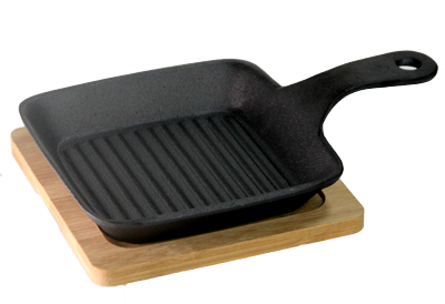 Servirea mesei - RAKI Mini tigaie grill fonta patrata 14x14cm cu suport bambus