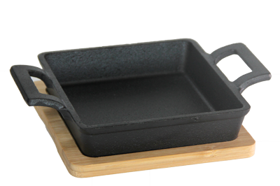 Servirea mesei - RAKI Mini tigaie patrata fonta cu 2 manere 12x12cm cu suport bambus