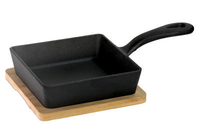 Servirea mesei - RAKI Mini tigaie patrata fonta cu maner 12,5x12,5cm cu suport bambus