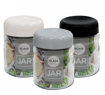 Depozitare, suporturi si accesorii - RAKI MONO Borcan sticla cu capac plastic, 900ml, capac de diferite culori