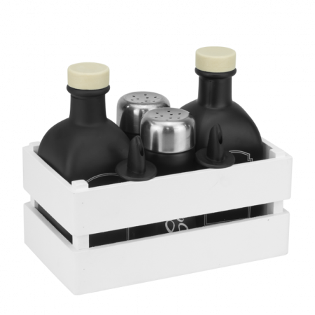 Servirea mesei - RAKI OLD FASHIONED Oliviera 5 piese, 2 sticle pentru ulei si otet 2x250ml negre, solnita si pipernita 2x80ml negre, din sticla cu suport ladita lemn alba