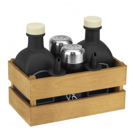 Servirea mesei - RAKI OLD FASHIONED Oliviera 5 piese, 2 sticle pentru ulei si otet 2x250ml negre, solnita si pipernita 2x80ml negre, din sticla cu suport ladita lemn natur