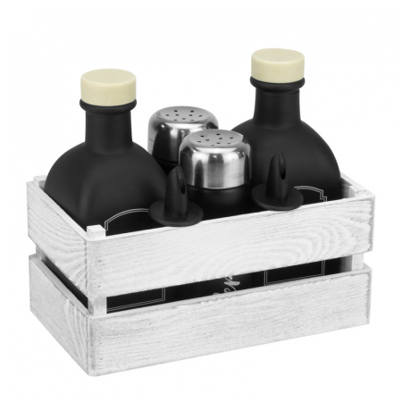 Servirea mesei - RAKI OLD FASHIONED Oliviera 5 piese, 2 sticle pentru ulei si otet 2x250ml negre, solnita si pipernita 2x80ml negre, din sticla cu suport ladita lemn vintage alba