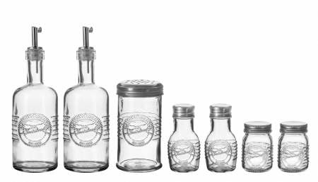 Servirea mesei - RAKI OLD FASHIONED Set oliviera 7 piese, 2 sticle ulei/otet cu picurator, solnita si pipernita, 2 borcane condimente, 1 dozator condimente