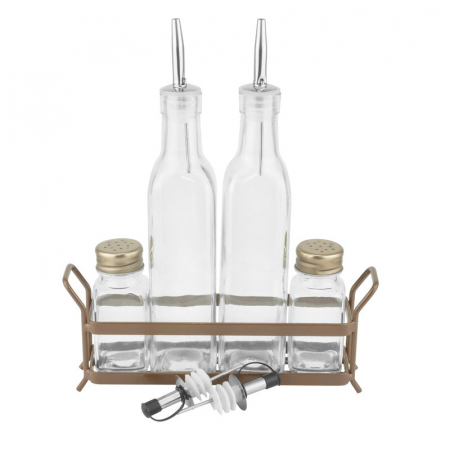 Servirea mesei - RAKI OLD Oliviera 5 piese, sticle ulei si otet de 280ml din sticla, solnita si pipernita de 65ml din sticla, suport metalic culoare bronz