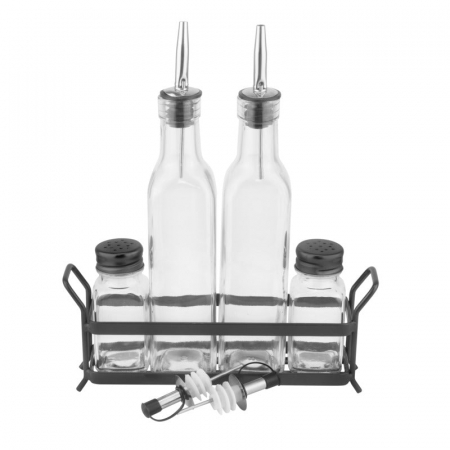 Servirea mesei - RAKI OLD Oliviera 5 piese, sticle ulei si otet de 280ml din sticla, solnita si pipernita de 65ml din sticla, suport metalic negru