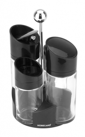Servirea mesei - RAKI Oliviera 5 piese, 2 recipiente ulei/otet, 2 recipiente condimente, suport plastic, recipiente din sticla cu capace plastic