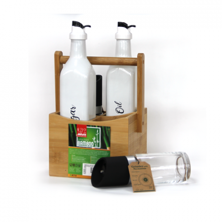 Produse - RAKI Oliviera 5 piese cu suport din bambus 15x15xh23cm, 2 sticle 500ml, 2 rasnite