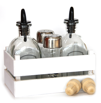 Servirea mesei - RAKI Oliviera 5 piese cu suport ladita alba, sticle ulei si otet 2x250ml, solnita si pipernita 2x80ml