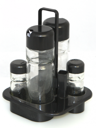 Servirea mesei - RAKI Oliviera 5 piese suport plastic negru, 2 sticle ulei/otet 2x160ml, solnita si pipernita 2x35ml, suport scobitori