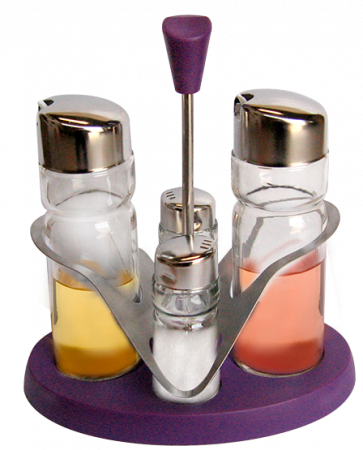 Servirea mesei - RAKI Oliviera cu suport plastic mov, sticle ulei/otet 2x160ml, solnita/pipernita 2x35ml